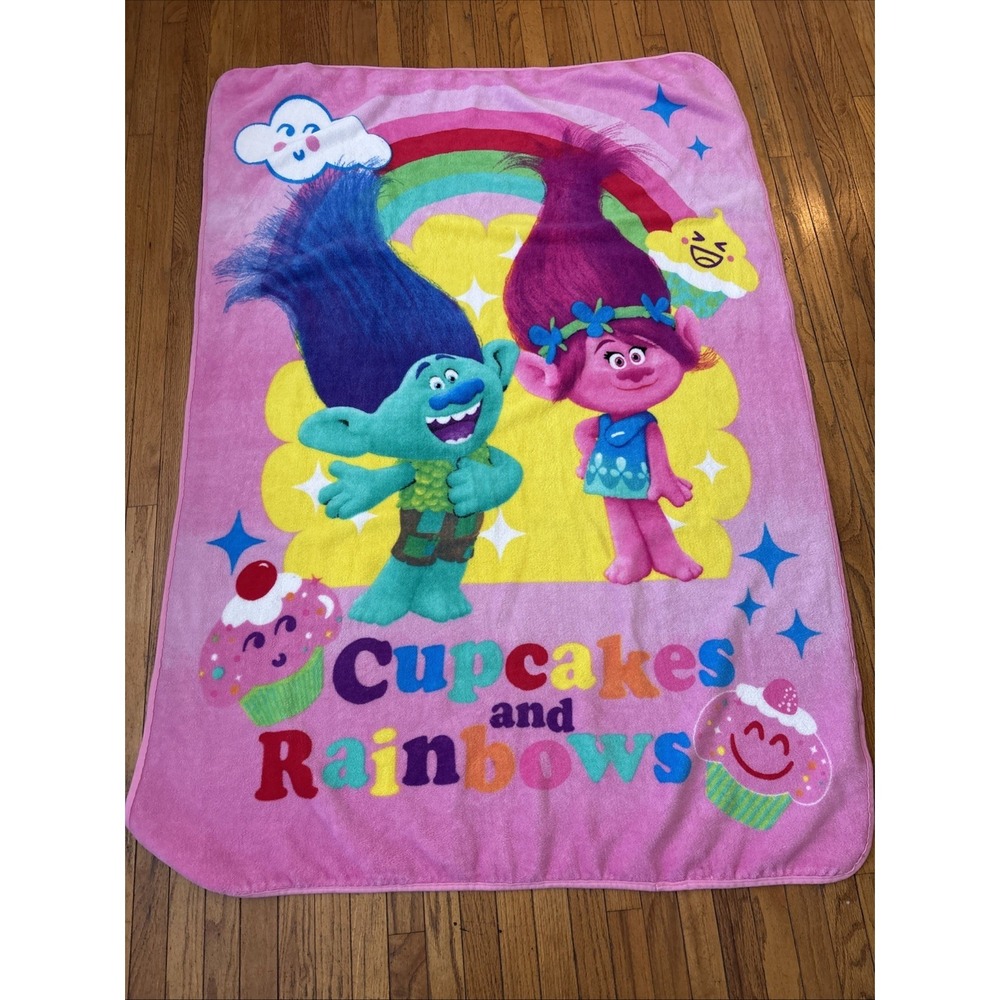 Trolls Kids Fleece Blanket Poppy Branch Dreamworks Cupcakes Rainbows 46x60